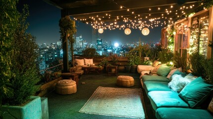 Obraz premium Magical Rooftop Oasis: Nighttime Cityscape View