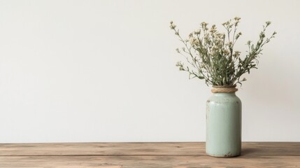 Fototapeta premium Dried wildflowers in a rustic vase on a wooden table against a white wall.