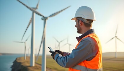 A wind turbine engineer wearing a white hard hat and orange high-visibility vest is using a smartphone while inspecting a wind farm. The background features large wind turbines along a coastal landsca