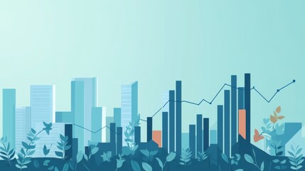 Obraz premium Abstract representation of urban growth with skyscrapers, financial graphs, and green plants, conveying the concept of sustainability and economic progress in modern city life.