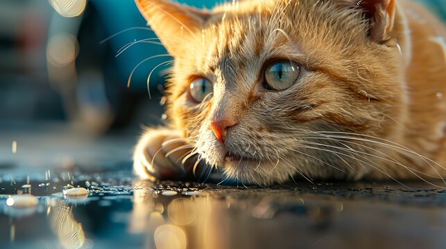 Close-up of an attentive orange tabby cat with striking blue eyes, resting on a reflective surface, captured in warm golden sunlight. - Powered by Adobe