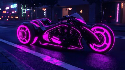 Futuristic Neon Lit Motorcycle Glowing on a City Street at Night