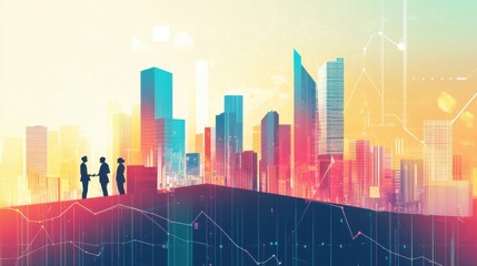 Modern Cityscape Silhouette with Business Professionals Engaged in Discussion Against a Vibrant Sunset Background Featuring Digital Analytics and Futuristic Elements