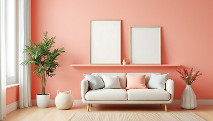 Fototapeta premium Coral living room mockup, white sofa, plants, frames. Home decor, interior design