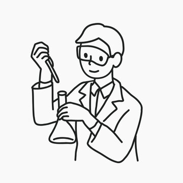 recommend clip art: Young male scientist working in lab line art vector