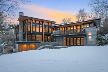 Obraz premium The scene showcases a stunning modern architectural design set against a picturesque snowy landscape, with expansive windows that capture the warm hues of sunset.