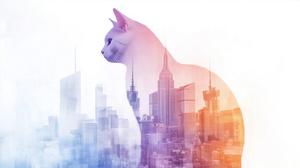 A stunning double exposure illustration blending a complete cat silhouette with a vibrant cityscape, symbolizing urban life and nature in harmony.