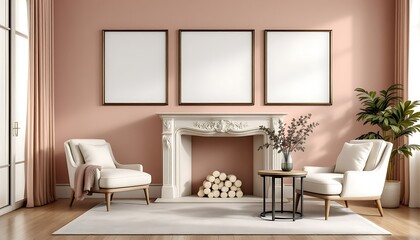 Elegant living room with fireplace, artwork, and armchairs. Interior design inspiration