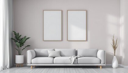 Minimalist living room interior design; light-colored sofa, blank frames, plants