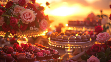 vibrant sunset backdrop illuminating lavish spread of desserts and flowers