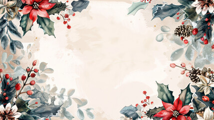 winter floral wreath with holly, pine cones, and snow accents