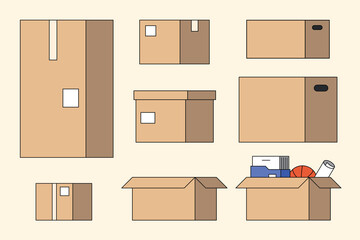 Cardboard moving boxes, flat graphic set vector