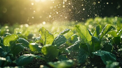 Vibrant Green Leafy Vegetables Being Watered Under Sunlight