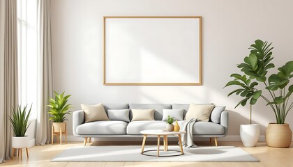 Modern living room interior design; cozy sofa, plants, sunlight