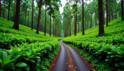 Obraz premium Overgrown serpentine road in tea plantation amidst tall trees and greenery , forest, plantation, road