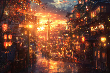Obraz premium A vibrant sunset scene in a bustling street filled with lanterns and traditional architecture.