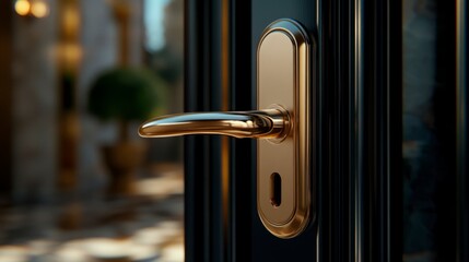 Close-up of a luxurious golden door handle on a stylish door with elegant interior background