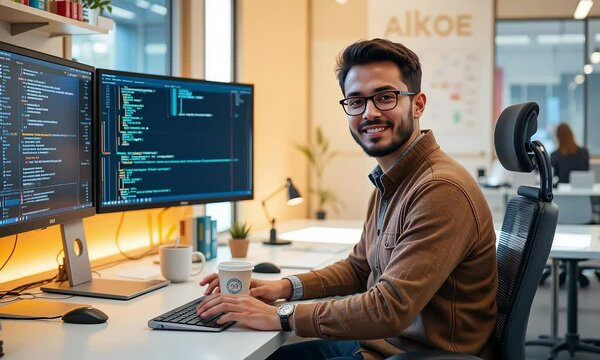 Smiling Programmer Working at His Computer in a Modern Office