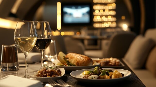 Close-up of gourmet dining served in a private lounge, showcasing premium airport benefits for corporate travelers.