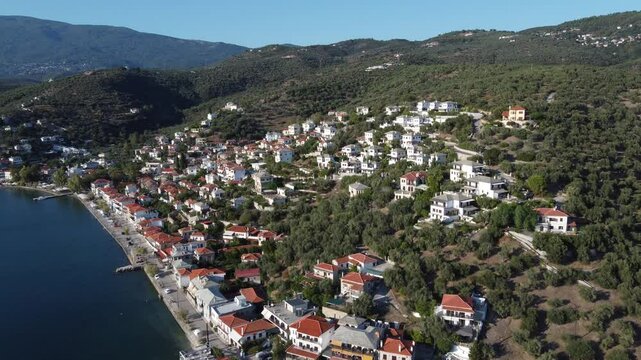 Aerial approach to the village of Afissos, in the Pelion peninsula, Greece