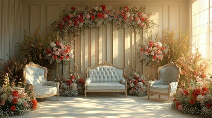 Elegant Wedding Setup: Romantic Floral Arch, Vintage Chairs, and Pastel Decor