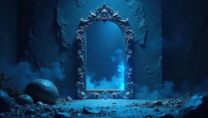 Mysterious Dark Blue Aura Surrounds Ancient Mirror , ancient mirror, mystical glow, mysterious energy
