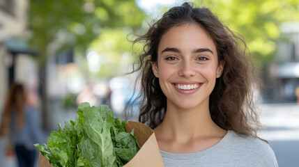 Canadian woman carrying a paper grocery bag with everyday shopping items