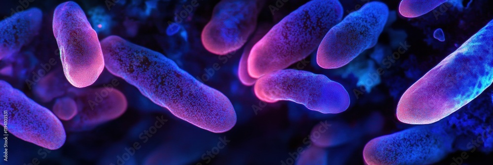 Poster glowing bacteria illuminated by ultraviolet light in a dark environment showcasing vibrant colors an