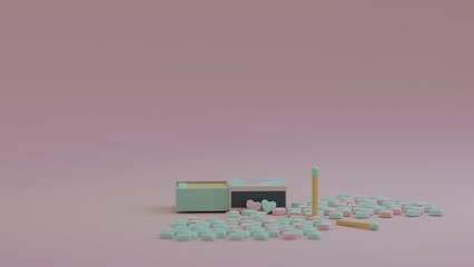 Open matchbox with scattered pastel-colored candies and matches