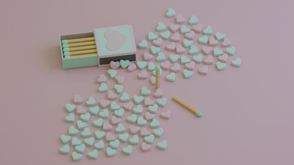 Heart-shaped candies surrounding a green-tipped matchstick