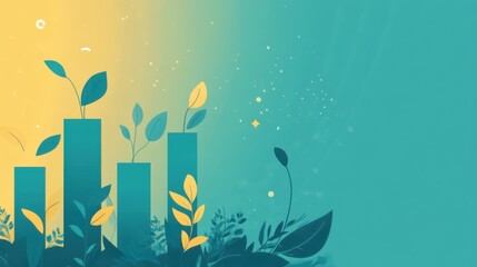Abstract vector illustration of growing plants and bar graphs depicting nature, growth and sustainability in vibrant colors for use in environmental projects
