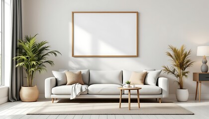 Modern living room, sunlight, sofa, plants, minimalist design, home decor, mockup