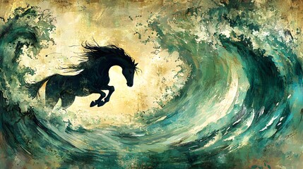 Silhouetted Horse Galloping Through Crashing Ocean Waves in Mystical Fantasy Landscape