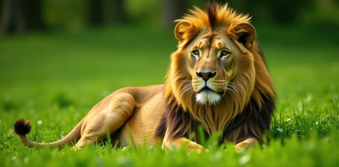 Fototapeta premium Majestic lion with a thick golden mane reclines in green grass, majestic lion, peaceful landscape, golden mane