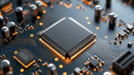 Close-up of a modern microchip on a circuit board with glowing connections and components