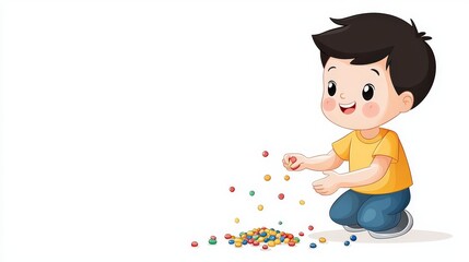 Happy child playing with colorful beads on white background, engaged in creative and playful activity