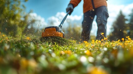 Person using string trimmer to cut grass and weeds in sunny garden.