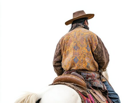Man in a traditional Mongolian deel on horseback, back view, nomadic lifestyle