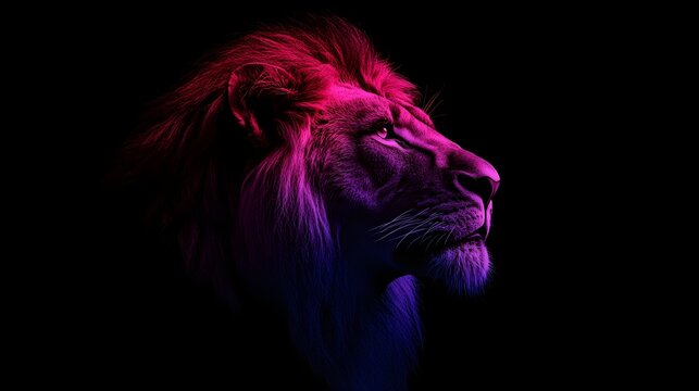 portrait of neon line art of lion on a black background