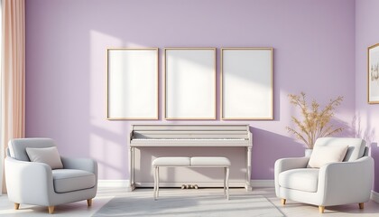 Lavender room, piano, armchairs, sunlight, mockups