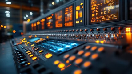 High-Tech Control Panel with Bright LED Indicators and Various Buttons for Industrial Applications, Displaying Complex Data in a Modern Environment