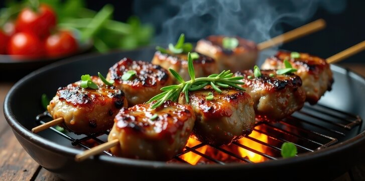 Lamb kebabs sizzling on a brazier with rosemary and spices, grill, lamb, herbs