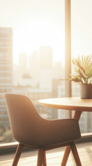 Modern Office Interior with Sunlit Chair and Cityscape View Through Large Window