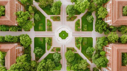 Aerial View of Symmetrical Garden and Pathways Surrounded by Red Brick Buildings