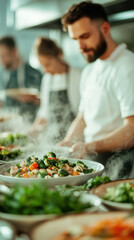 Naklejka premium Young Caucasian Male Chef in Restaurant Kitchen Preparing Fresh Vegetable Dishes