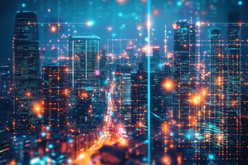 Vibrant cityscape illuminated by glowing skyscrapers and neon lights during nightfall in a bustling urban environment. Generative AI