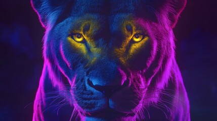 portrait of neon line art of lion on a black background