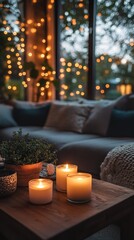 A cozy home with candles and fairy lights, creating a warm and inviting atmosphere that makes the space feel comfortable and loved.