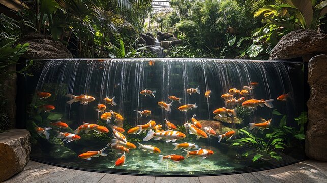 A custom-designed fish tank with a glassy waterfall feature, hosting radiant koi fish in a lavish garden space adorned with sculpted plants, polished stone accents,