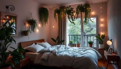 Serene Bedroom Decor with Hanging Plants and Warm Lighting